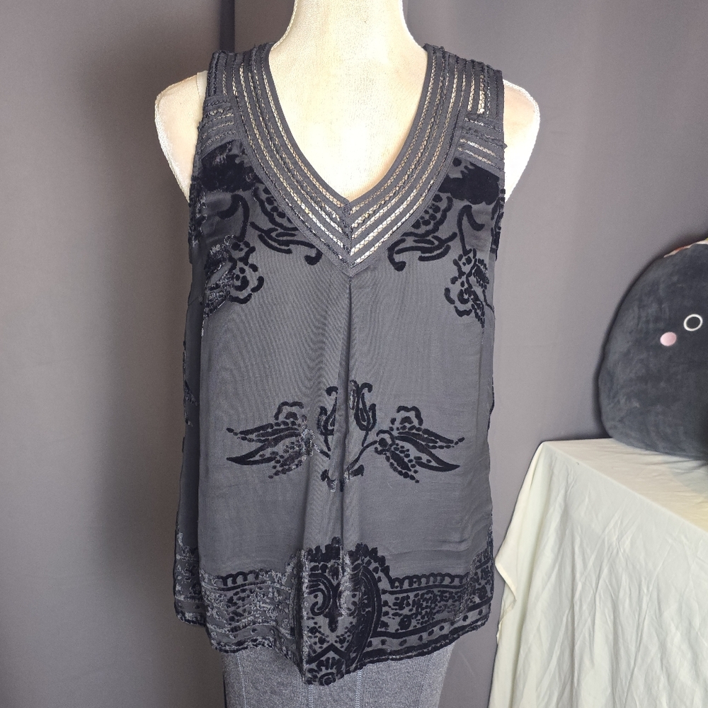 Meadow Rue Anthropologie Velvet Burnout Sleeveless Blouse Gray Boho S